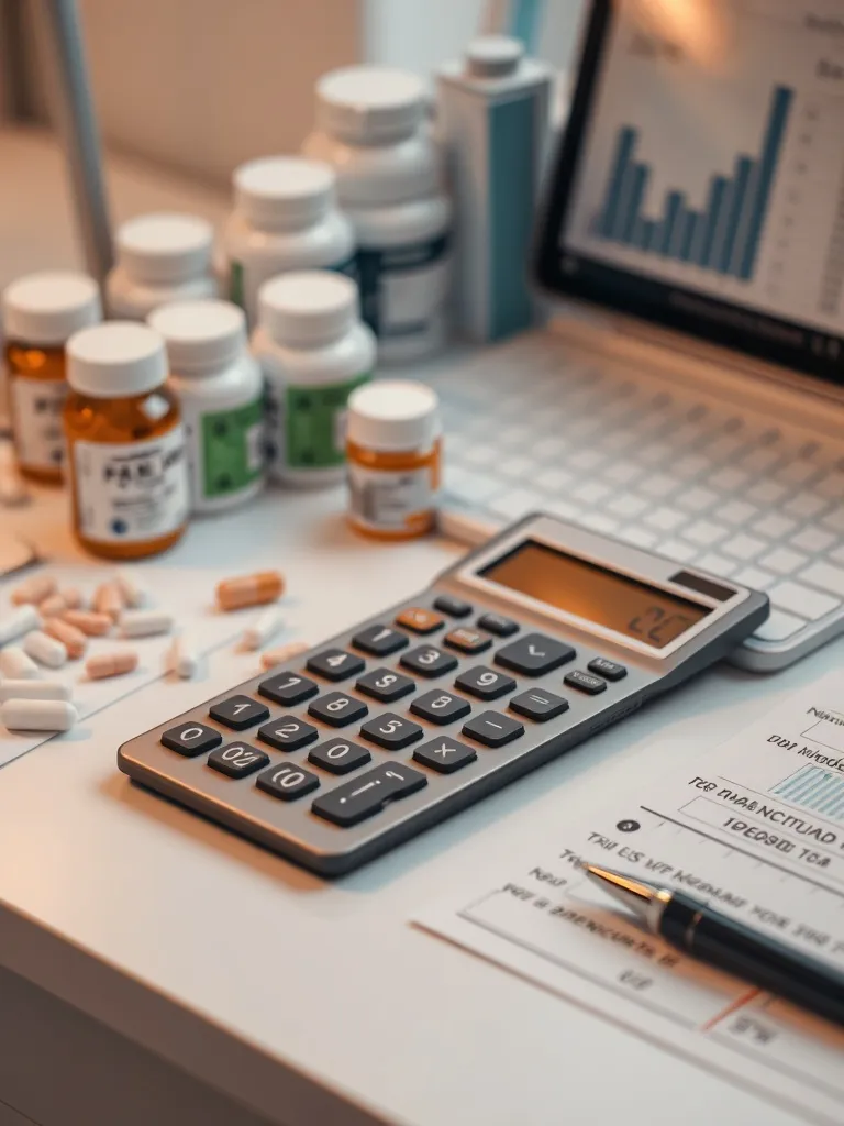 A modern calculator on a desk next to medical pill bottles a