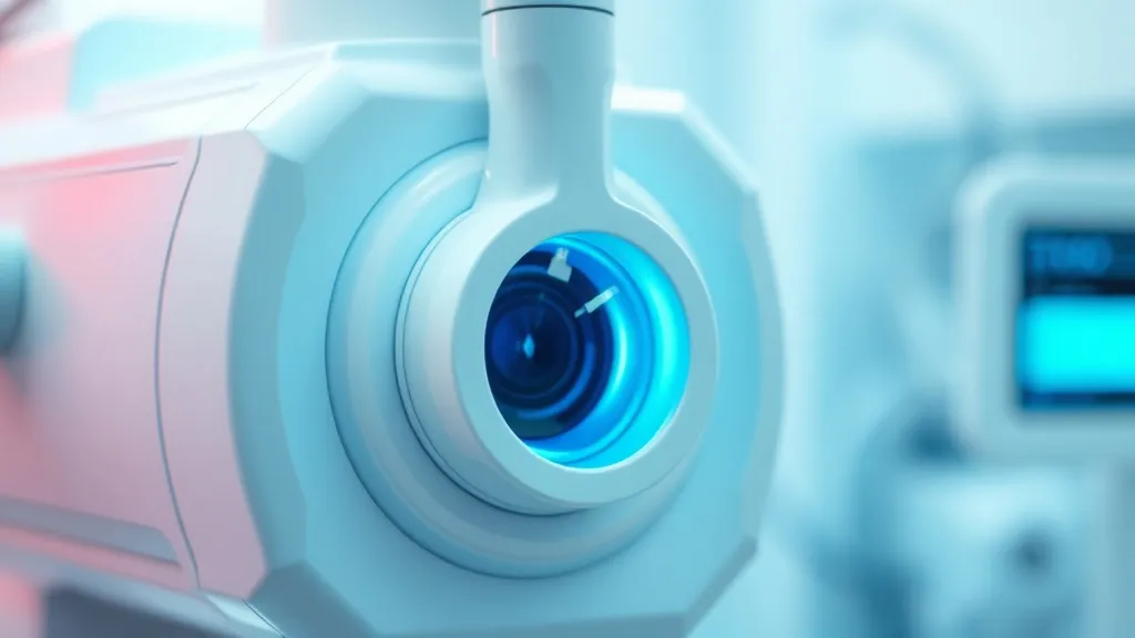 A close-up of a high-tech ophthalmic laser machine, clinical