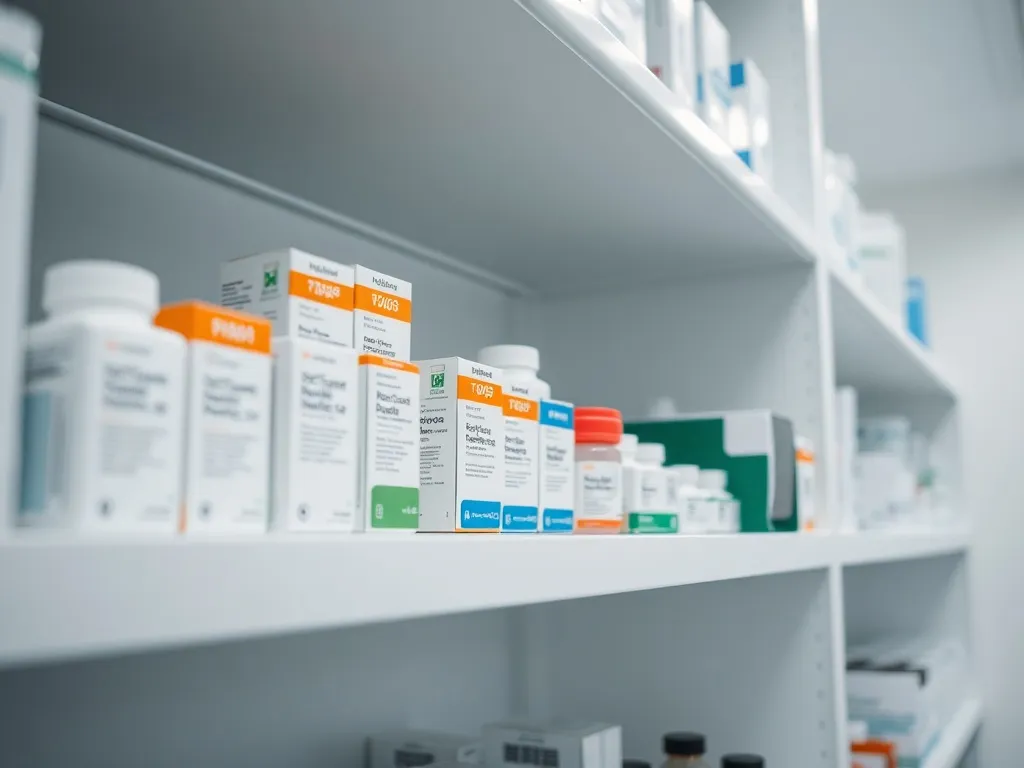 A close-up of organized pharmaceutical medicine boxes on a w